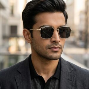 Gold square metal frame sunglasses for men with dark grey lenses