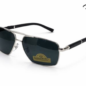 Side view of silver metal square aviator sunglasses with black temples and polarized lenses